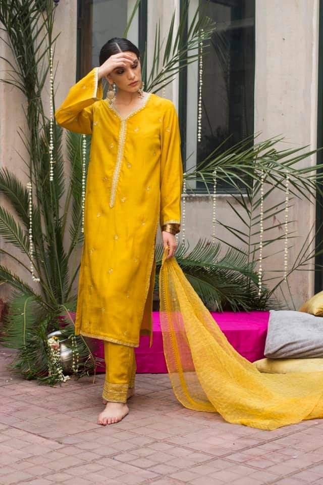 Mustard Silk Embroidered Unstitched Suit Material main image 0